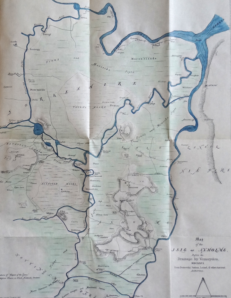 Map of the Isle of Axholme before drainage by Vermuyden c.1626, from W. B. Stonehouse, The History and Topography of the Isle of Axholme, 1839; photo © Kathryn Bullen